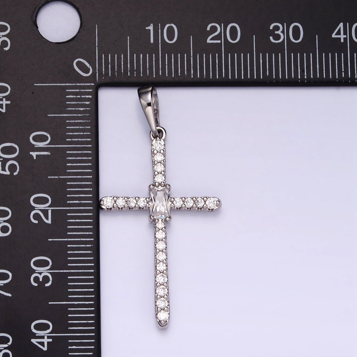 White Gold Filled Baguette Micro Paved CZ Religious Cross Pendant | I360