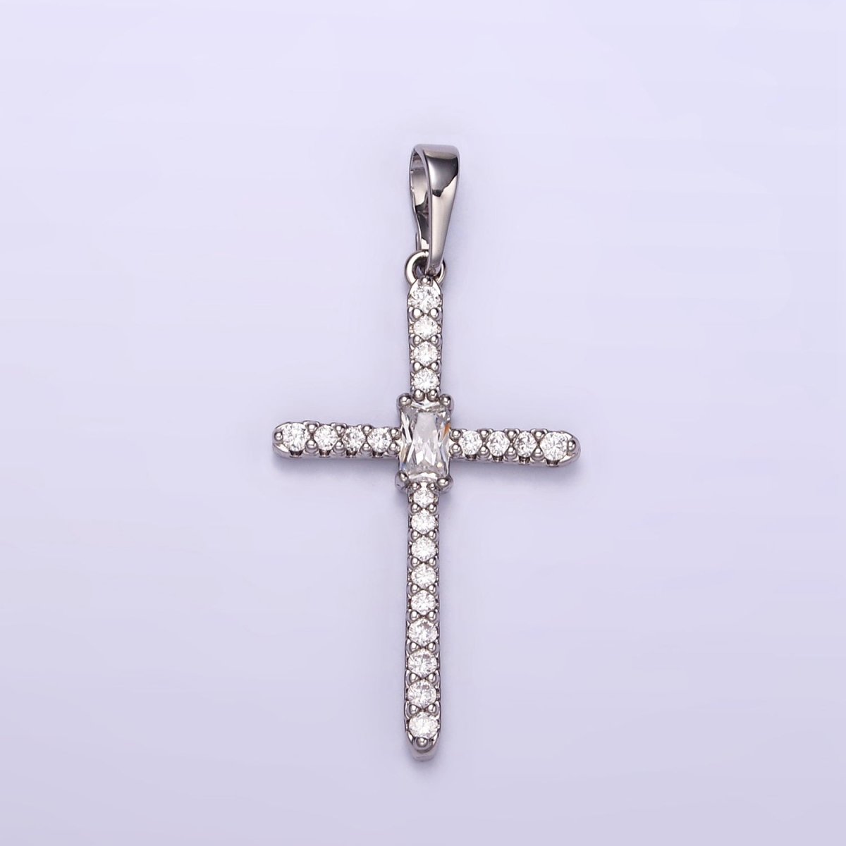 White Gold Filled Baguette Micro Paved CZ Religious Cross Pendant | I360