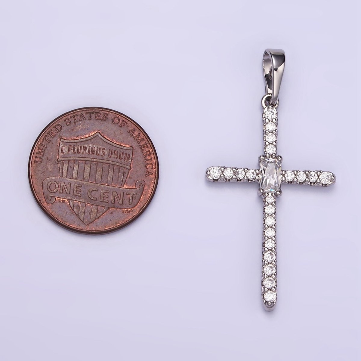 White Gold Filled Baguette Micro Paved CZ Religious Cross Pendant | I360