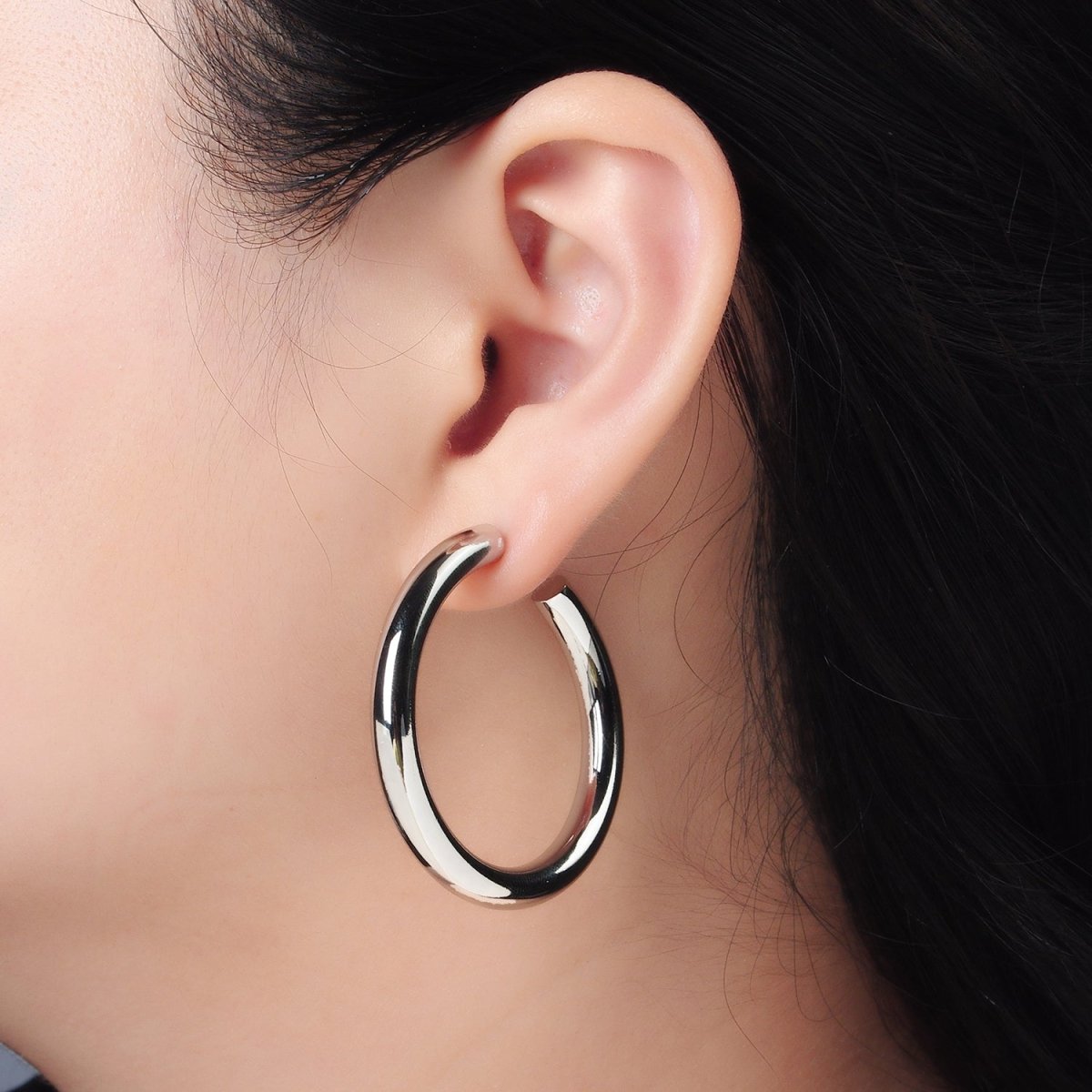 White Gold Filled 45mm Minimalist C-Shaped Hoop Earrings | AD639