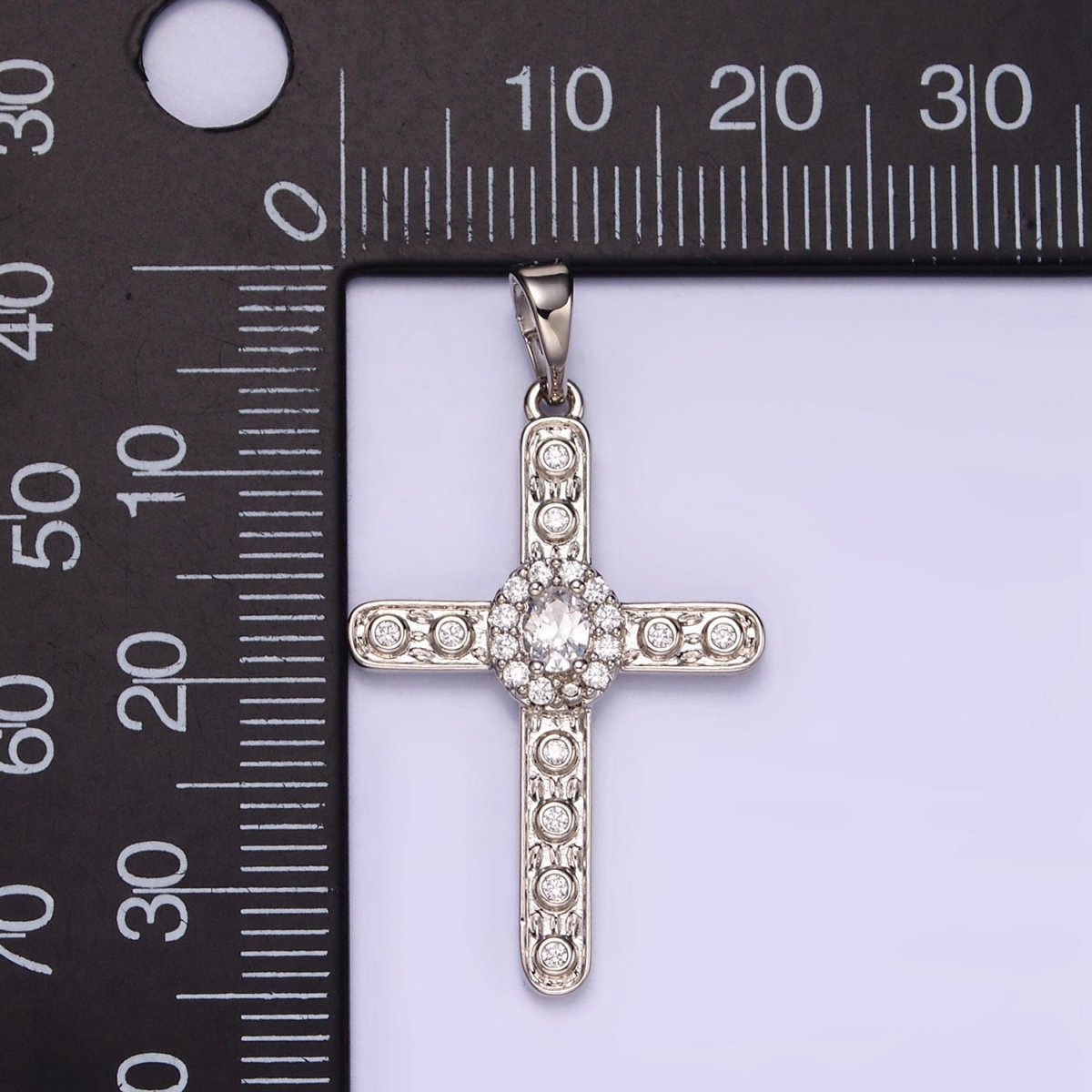 White Gold Filled Clear CZ Micro Paved Dotted Religous Cross Pendant | I364