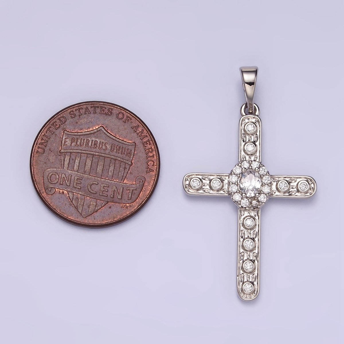 White Gold Filled Clear CZ Micro Paved Dotted Religous Cross Pendant | I364