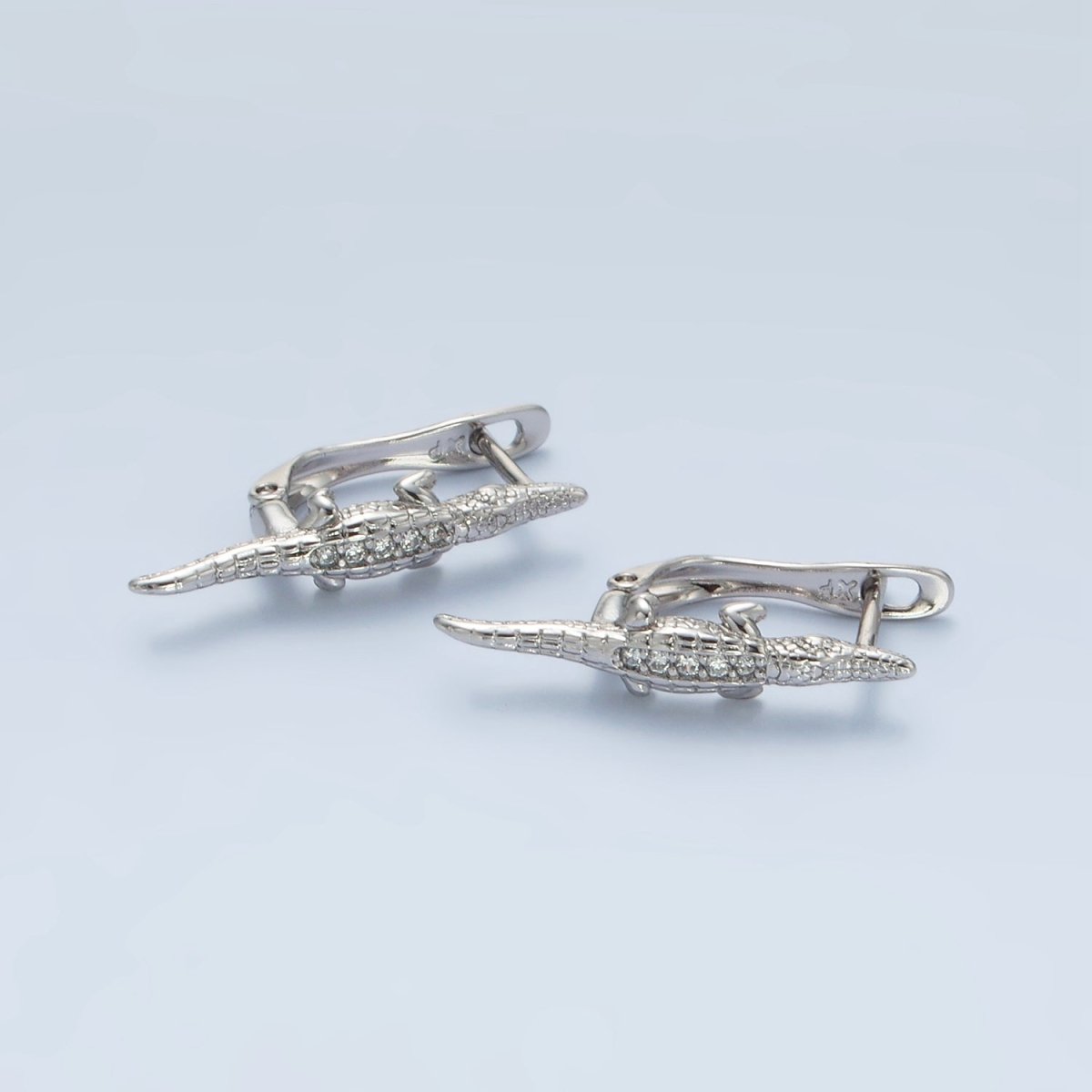 White Gold Filled Micro Paved CZ Crocodile Alligator English Lock Earrings | AD669