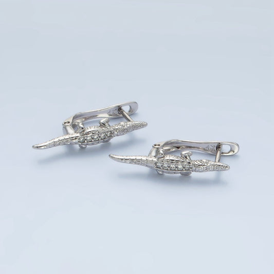 White Gold Filled Micro Paved CZ Crocodile Alligator English Lock Earrings | AD669