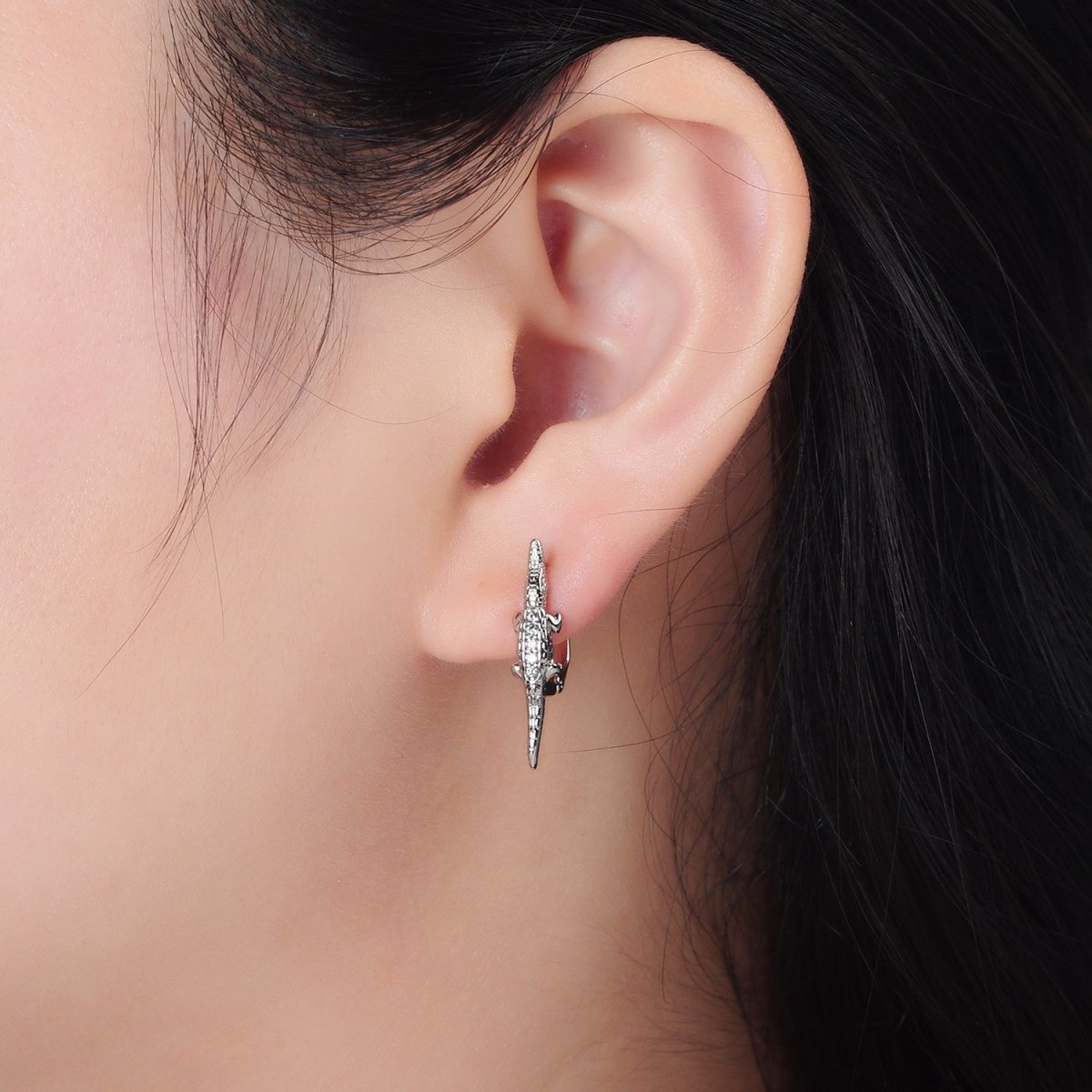 White Gold Filled Micro Paved CZ Crocodile Alligator English Lock Earrings | AD669