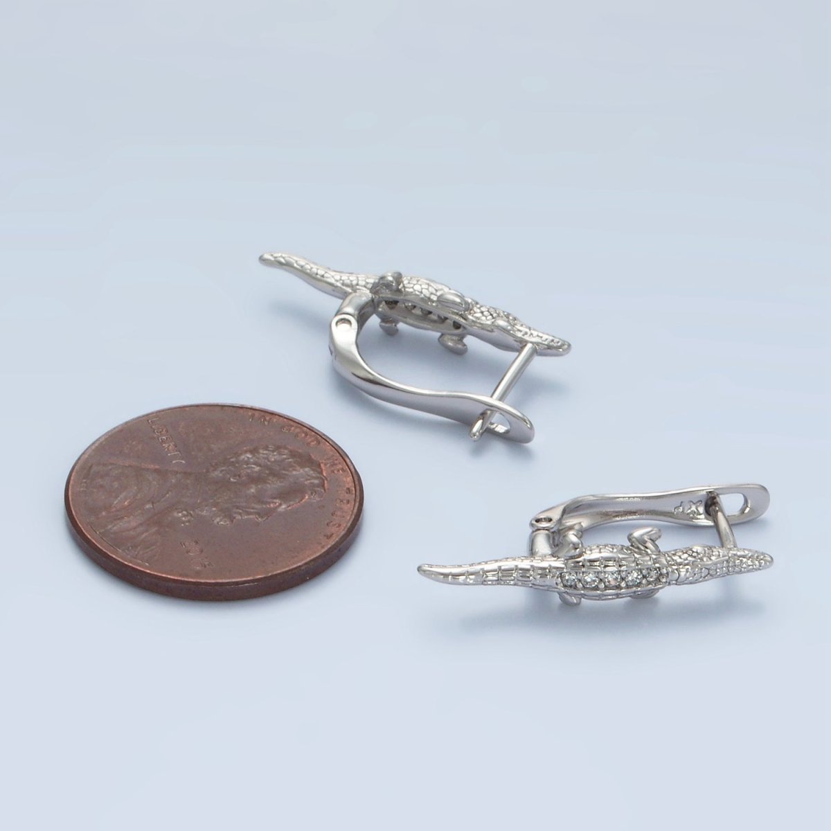 White Gold Filled Micro Paved CZ Crocodile Alligator English Lock Earrings | AD669