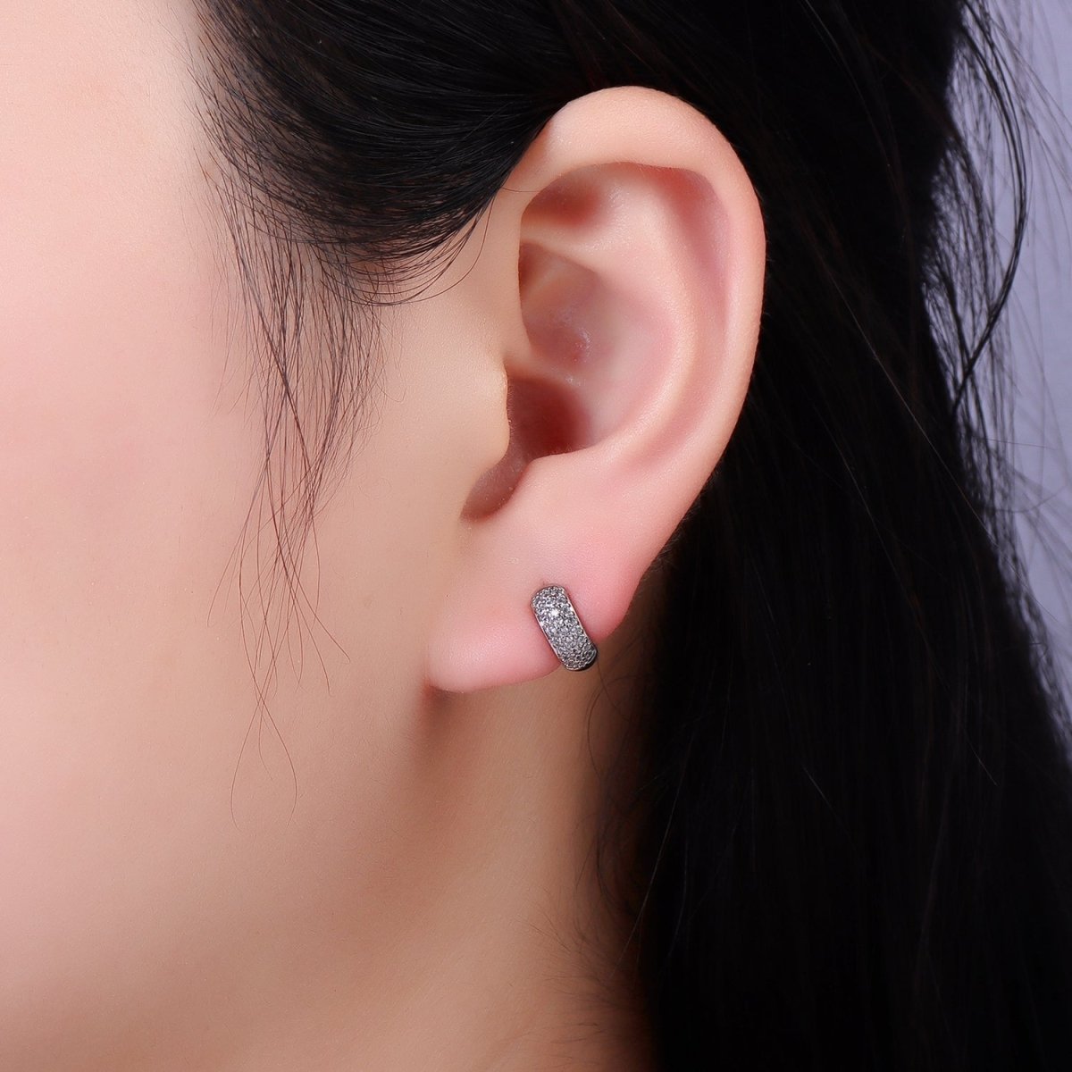 White Gold Filled Micro Paved CZ Wide Cartilage Huggie Earrings | AE527