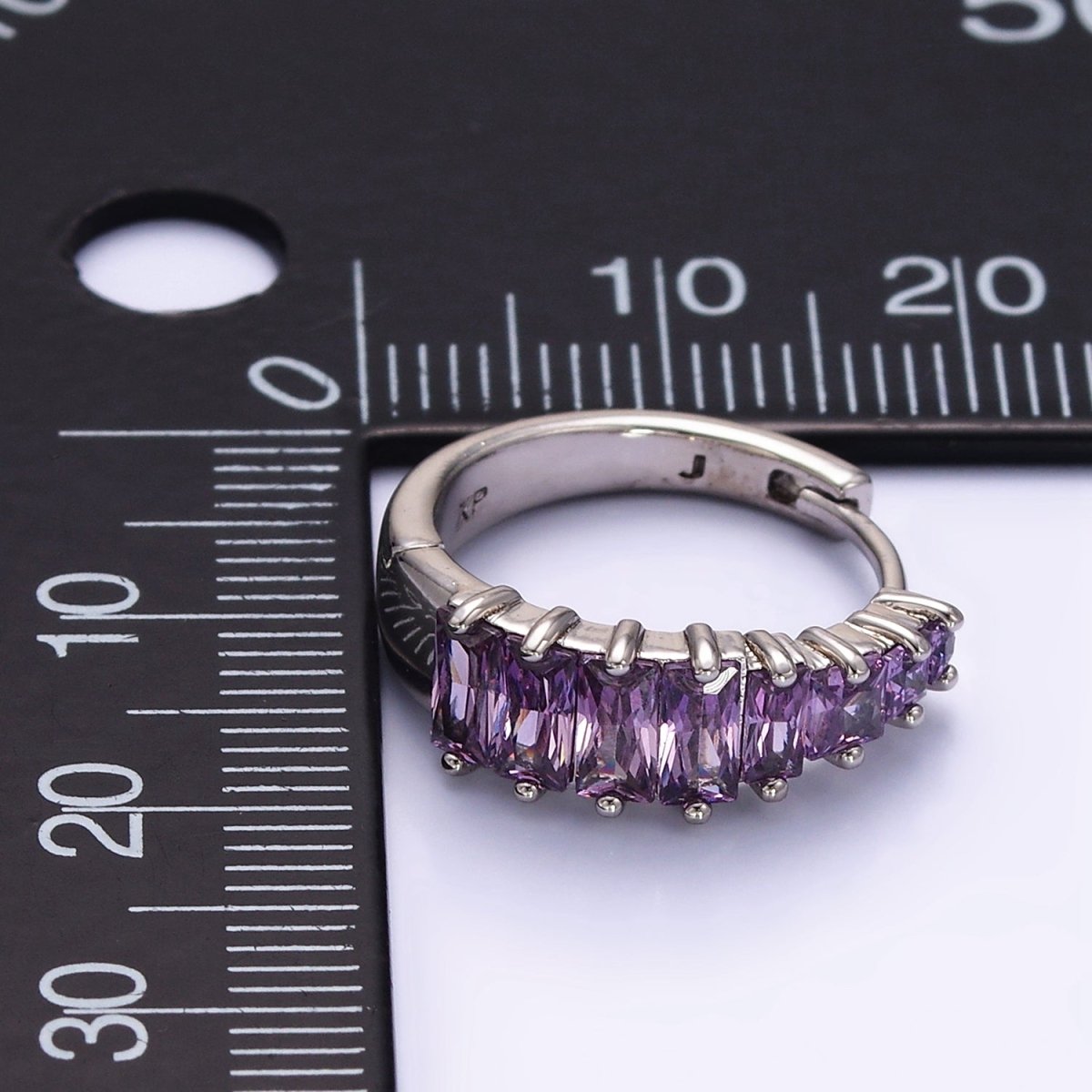 White Gold Filled Purple Baguette Lined 20mm Huggie Earrings | Q254
