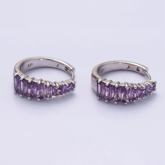 White Gold Filled Purple Baguette Lined 20mm Huggie Earrings | Q254