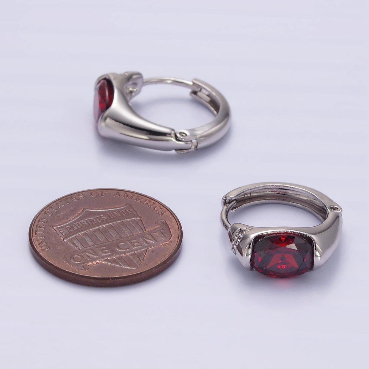 White Gold Filled Red CZ Micro Paved 15mm Huggie Earrings | Q274