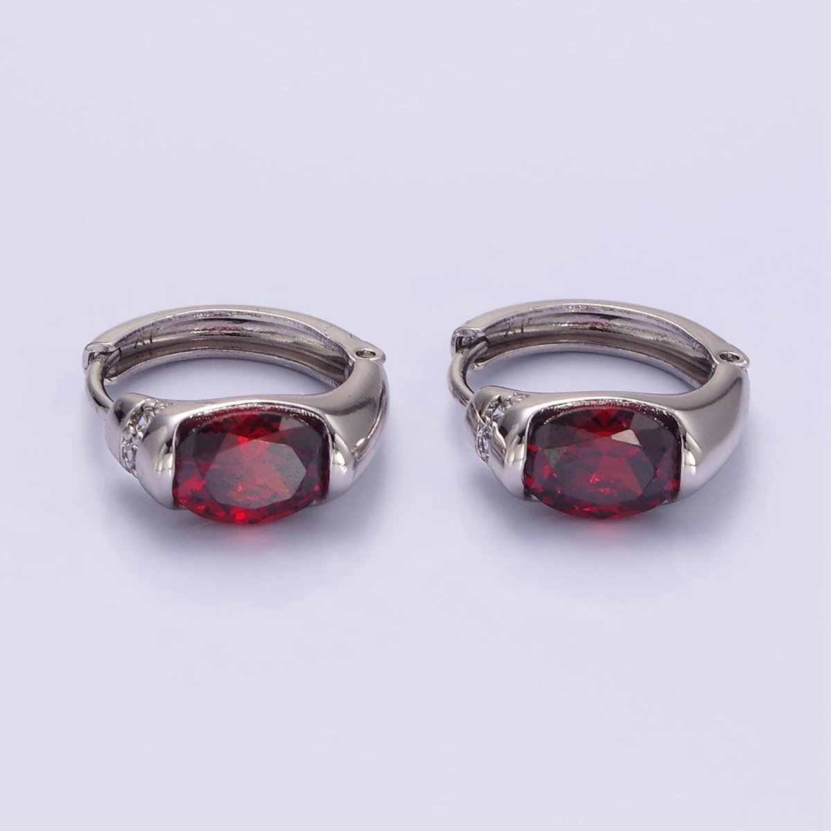 White Gold Filled Red CZ Micro Paved 15mm Huggie Earrings | Q274