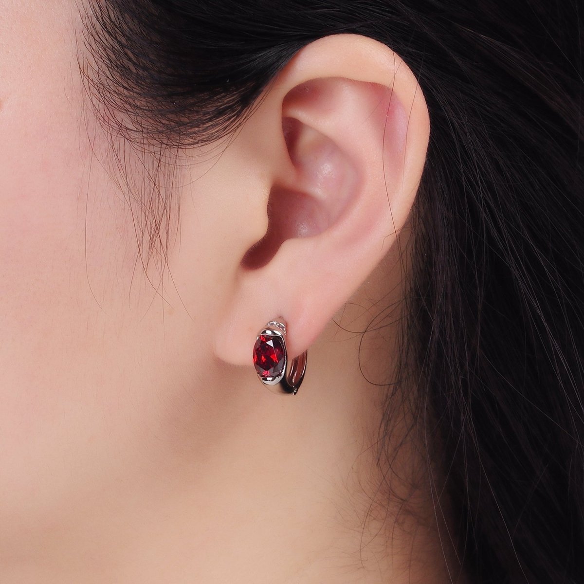 White Gold Filled Red CZ Micro Paved 15mm Huggie Earrings | Q274