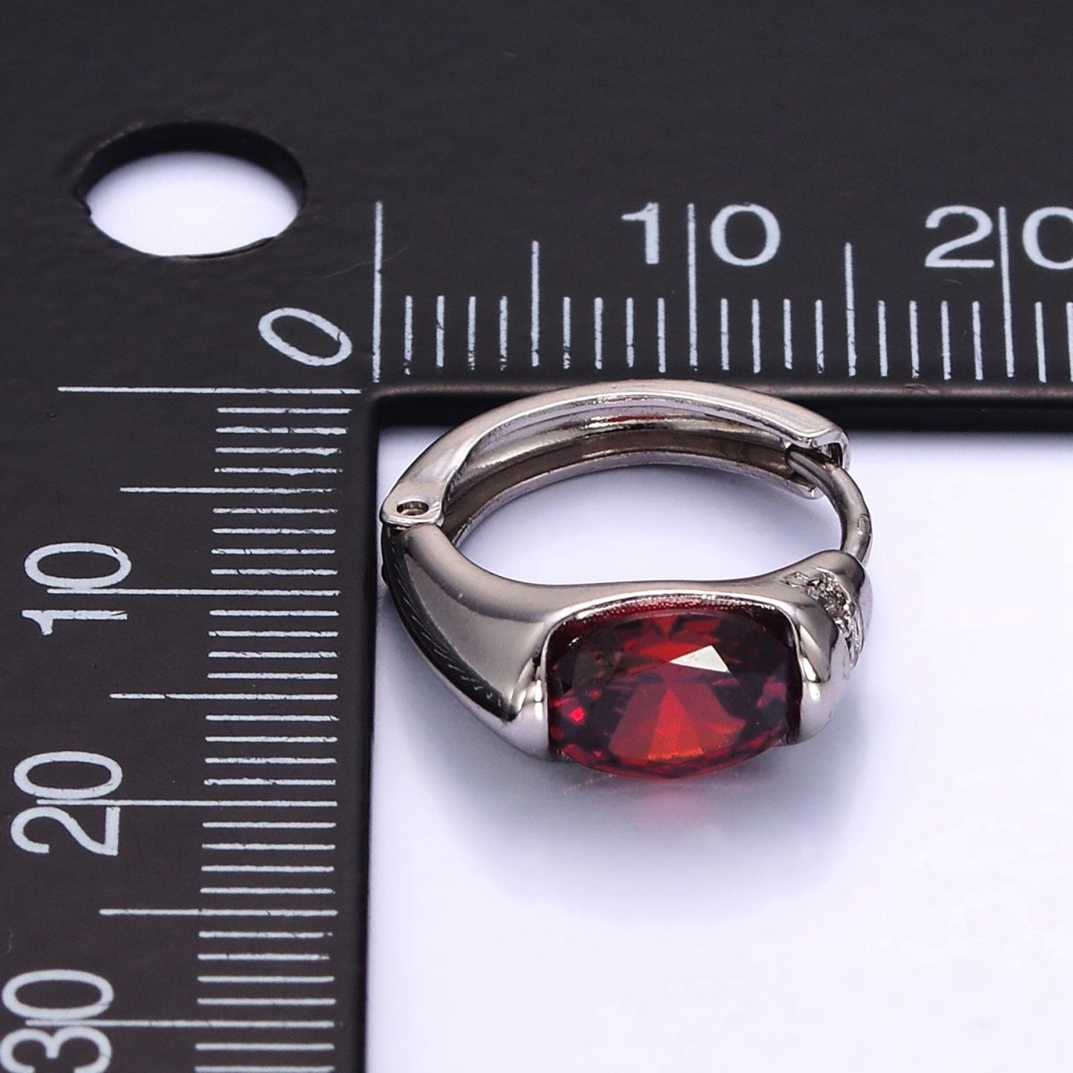 White Gold Filled Red CZ Micro Paved 15mm Huggie Earrings | Q274