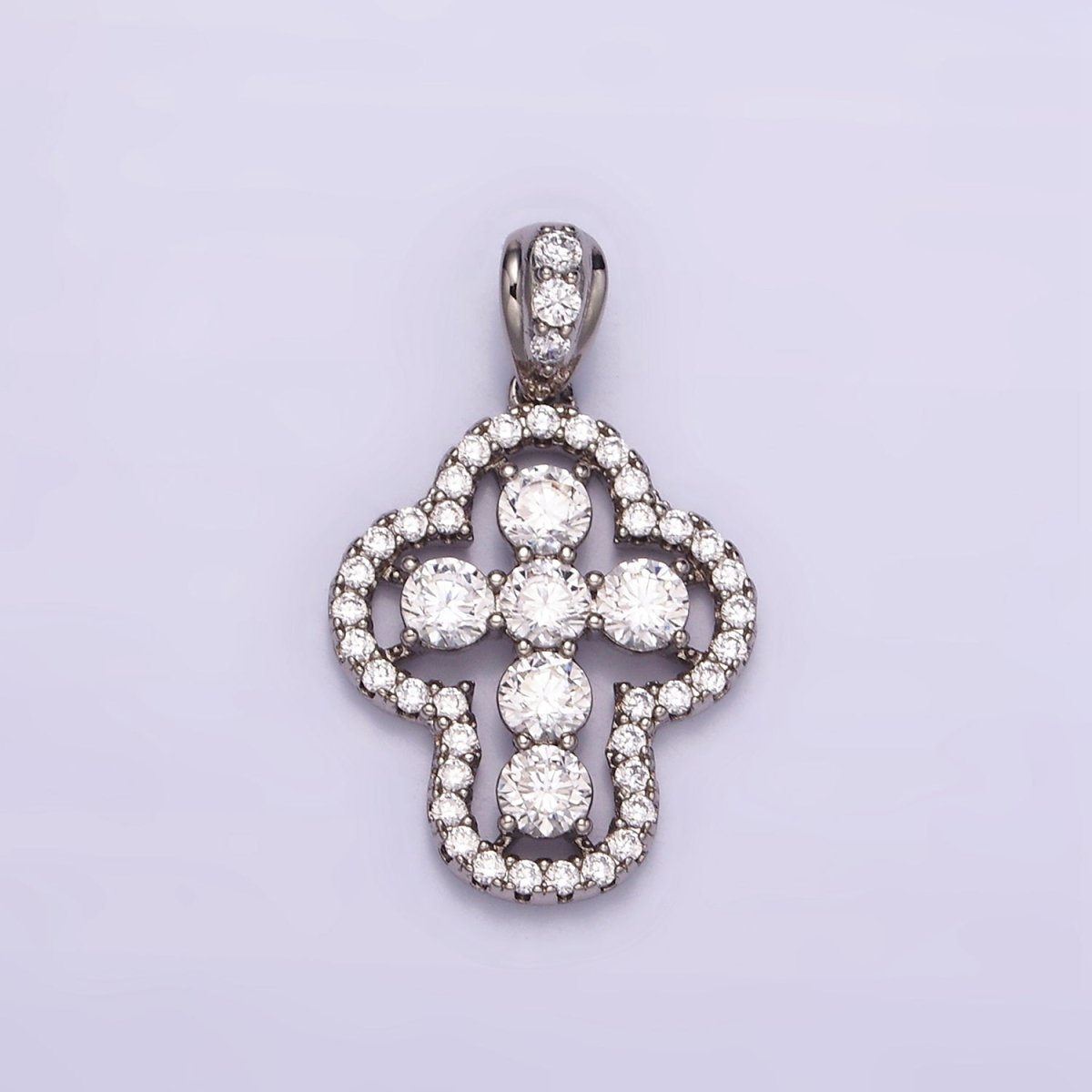 White Gold Filled Religious Cross Clear CZ Micro Paved Open Bezel Bail Pendant |  I382