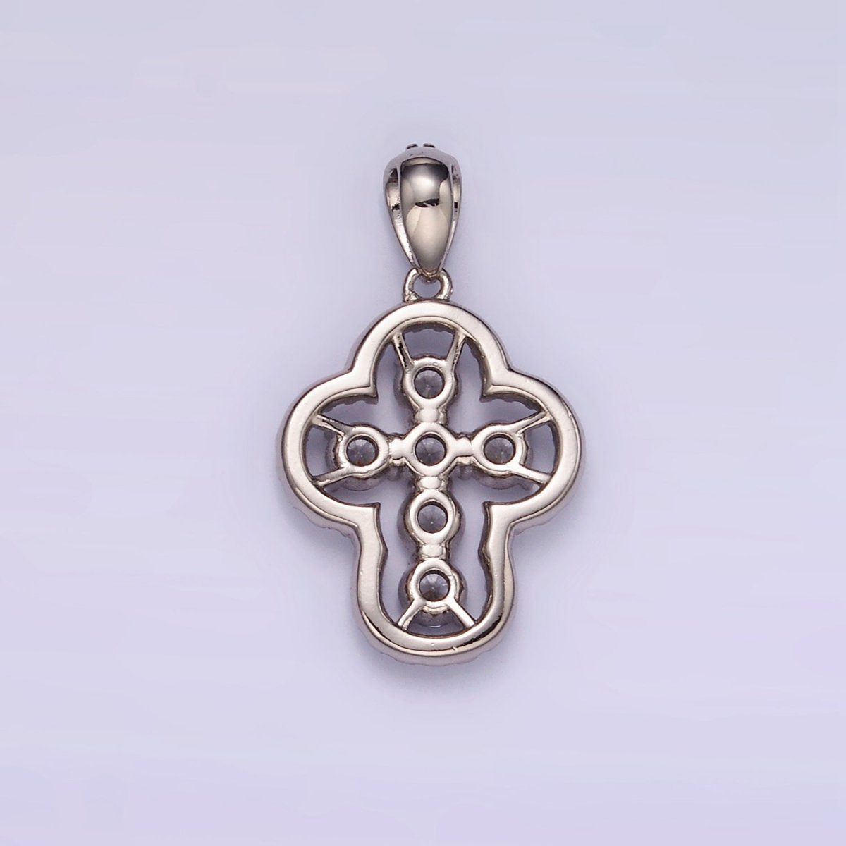 White Gold Filled Religious Cross Clear CZ Micro Paved Open Bezel Bail Pendant |  I382