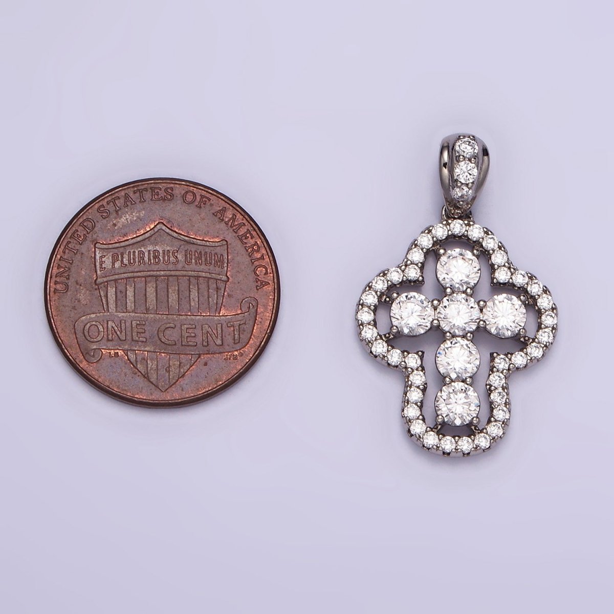 White Gold Filled Religious Cross Clear CZ Micro Paved Open Bezel Bail Pendant |  I382