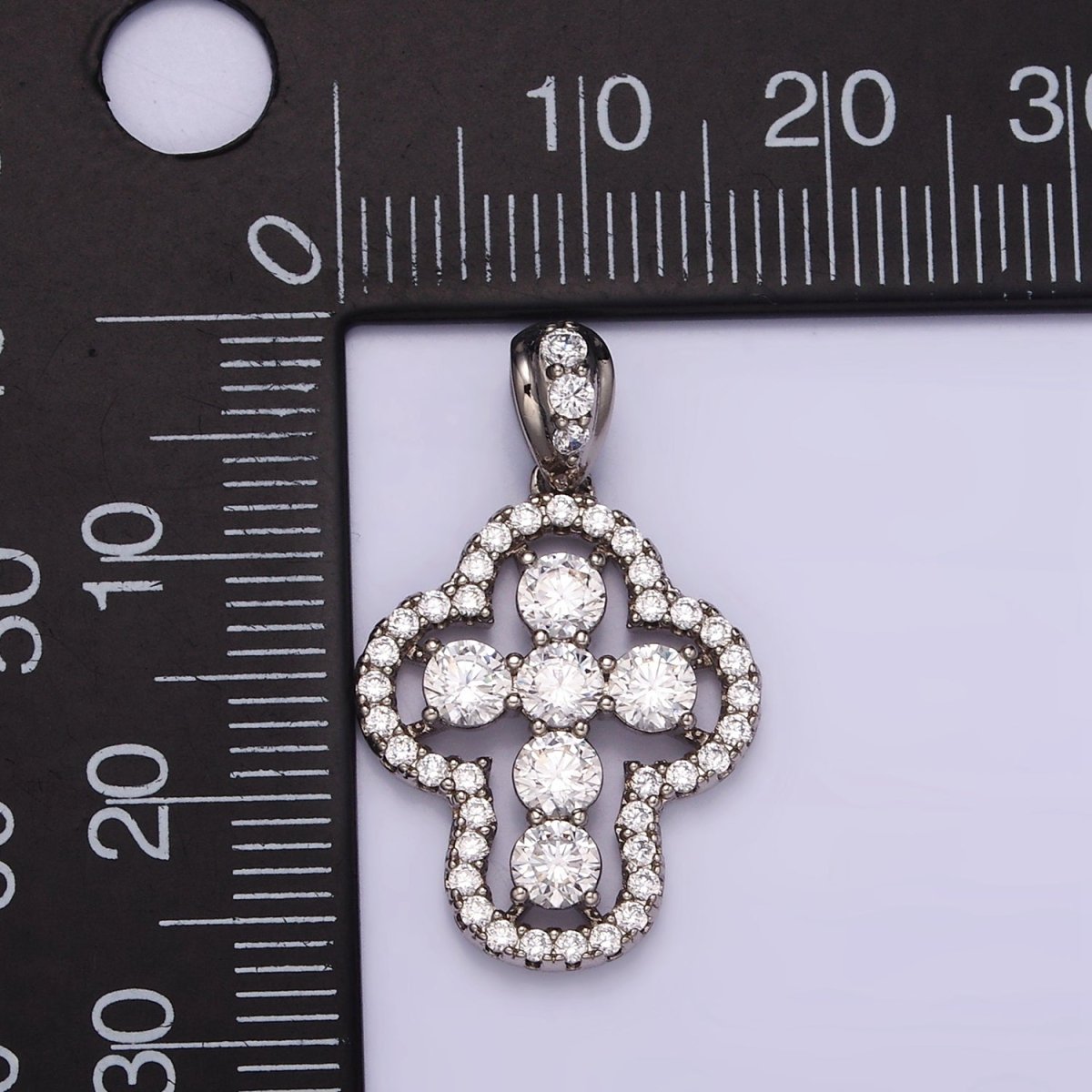 White Gold Filled Religious Cross Clear CZ Micro Paved Open Bezel Bail Pendant |  I382