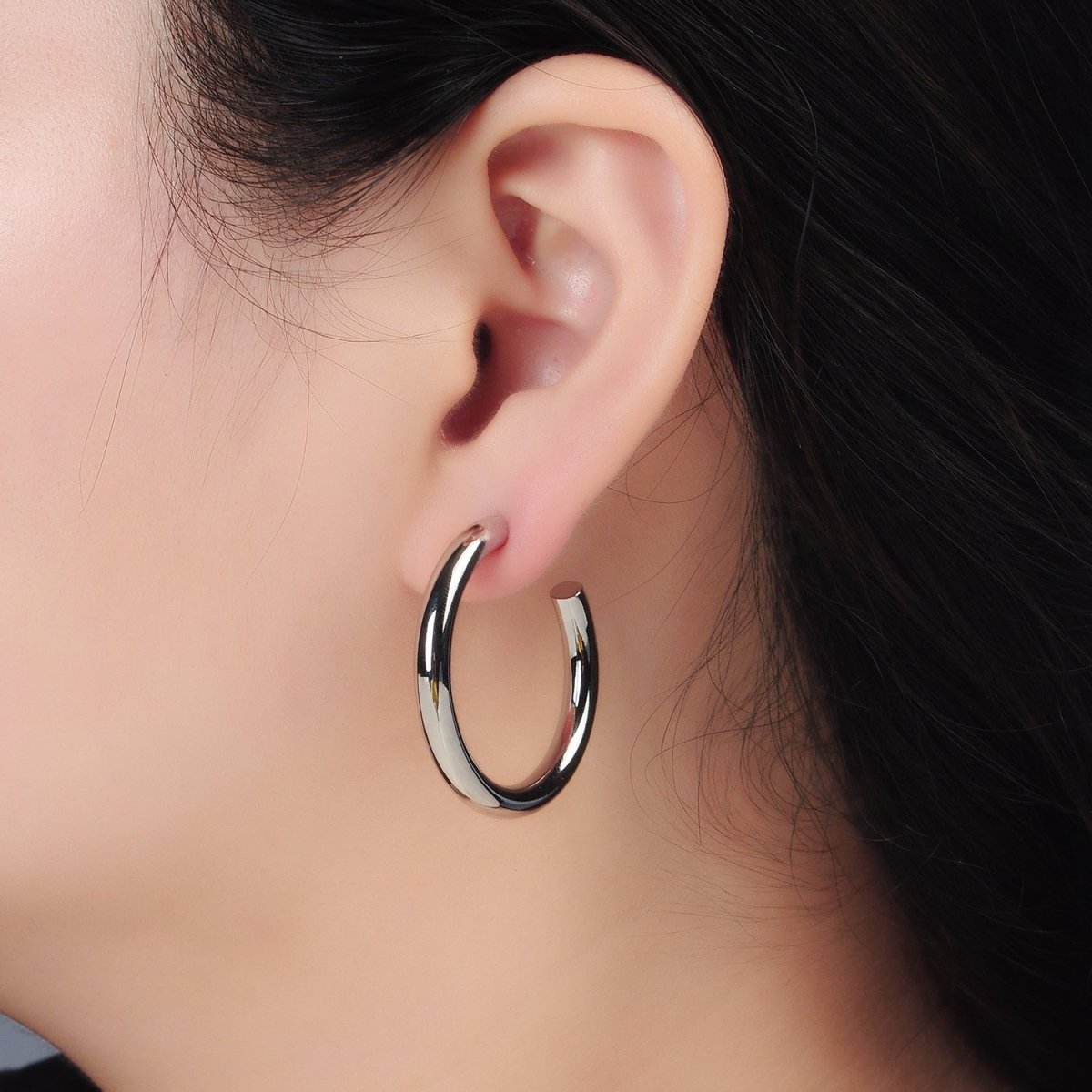 White Gold Filled 35mm Minimalist C-Shaped Hoop Earrings | AD642