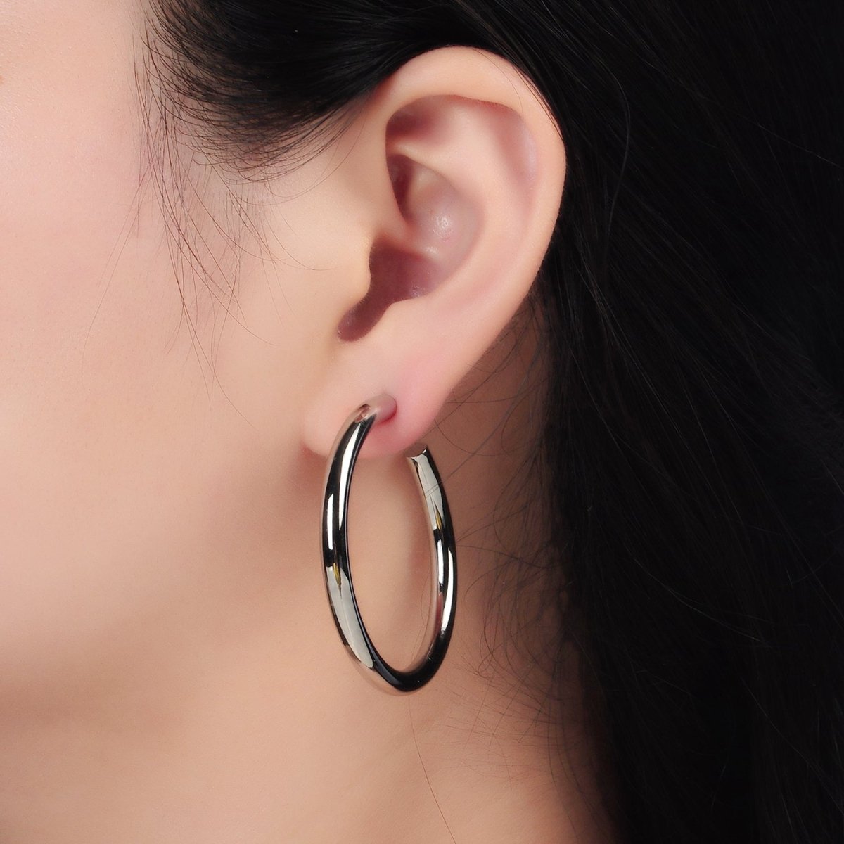 White Gold Filled 45mm Minimalist C-Shaped Hoop Earrings | AD640