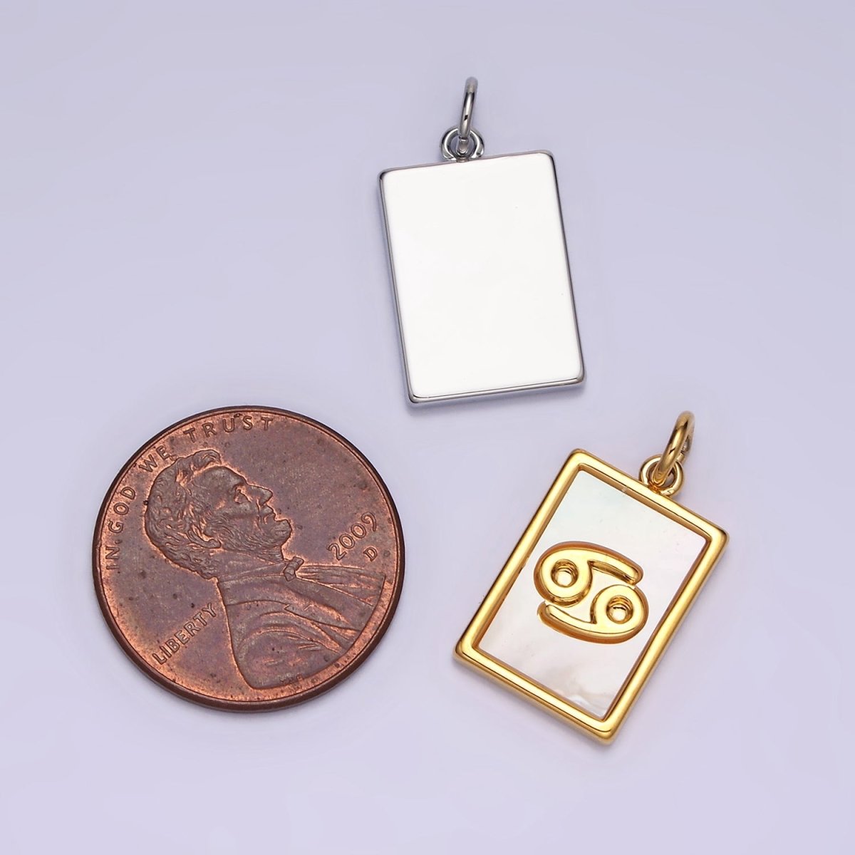 White Gold Filled Zodiac Sign Shell Pearl Rectangular Tag Charm | A-A1259-A-A1270