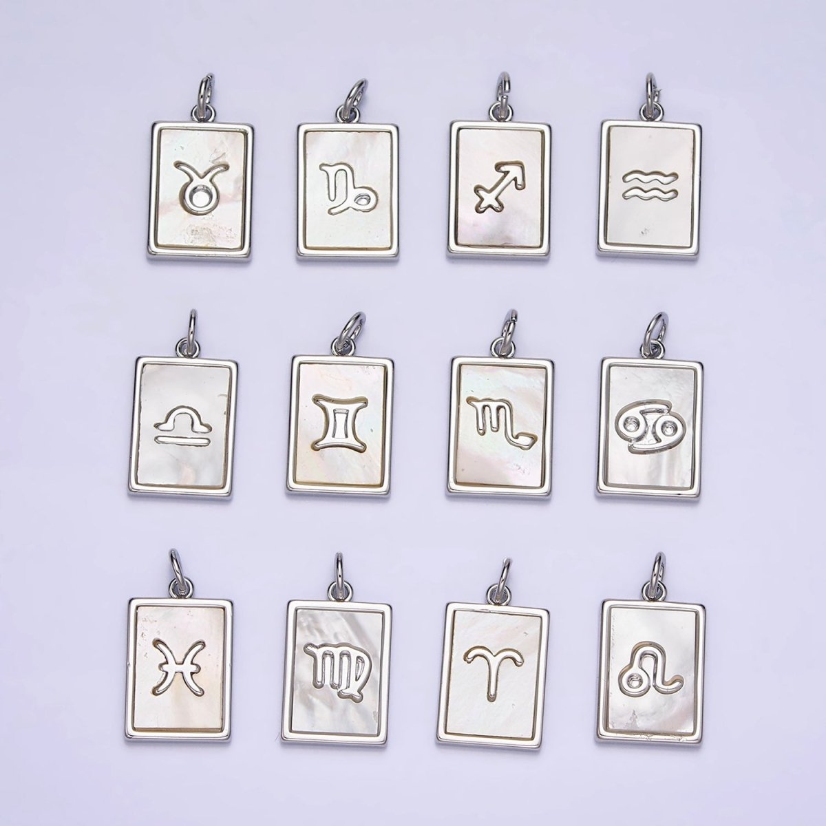 White Gold Filled Zodiac Sign Shell Pearl Rectangular Tag Charm | A-A1259-A-A1270