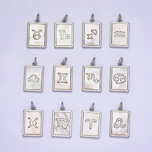 White Gold Filled Zodiac Sign Shell Pearl Rectangular Tag Charm | A-A1259-A-A1270